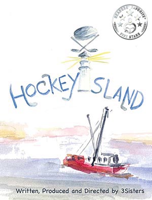 book cover - watercolor of fishing boat with sunset, words say Hockey Island (letter I is a lighthouse)